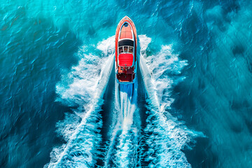 A red boat is speeding through the water