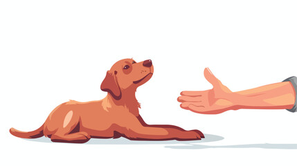 Human hand gesturing to dog showing lie down signal.