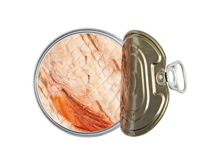 Canned Tuna Isolated, Albacore Fish Chunks in Open Tin Can, Tuna Oil Preserve, Seafood Conserve