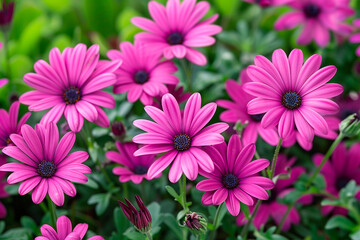 Fototapeta premium A bunch of pink flowers with blue centers