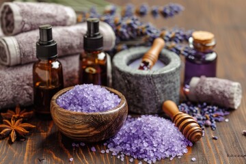 Lavender Bath Salts and Aromatic Candles on Wooden Background