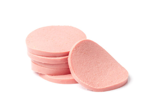 Mortadella Slice Isolated, Luncheon Meat Cut, Chicken Ham, Boiled Sausage for Breakfast
