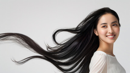 Beautiful glamorous Chinese American woman with smiling face and long flowing hair for hair care advertisement with natural makeup isolated on white background