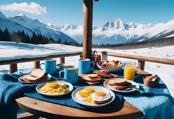 Fototapeta premium Romantic realistic breakfast in the open snow also snowy mountain view with food and camping in nature, hotel without people