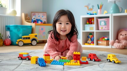 Fototapeta premium Little Girl Playing With Toys on Floor