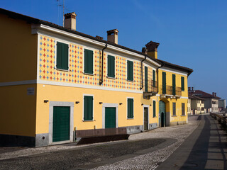 Gaggiano, Milan Italy: exterior of historic houses along the Naviglio Grande
