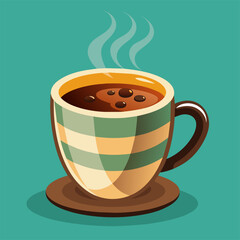 A coffee cup on a saucer is releasing steam into the air