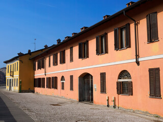 Gaggiano, Milan Italy: exterior of historic houses along the Naviglio Grande