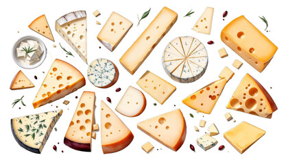 design hand perfect drawn cutted kinds delicious different menu recipe food dairy watercolor cheeses milk illustration pieces label product cheese set parmesan mozzarella blue gouda background