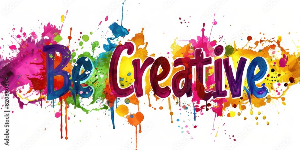 Poster letter of be creative in variant texture with splashing or stained colorful color with white backgro