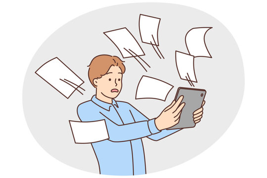 recommend clip art: Distressed man look at tablet overwhelmed with emails