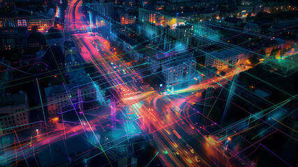 Aerial View of Smart City Data Management with Neon Lights and Digital Grid Overlay