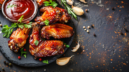 Tasty chicken wings with barbecue sauce on dark table