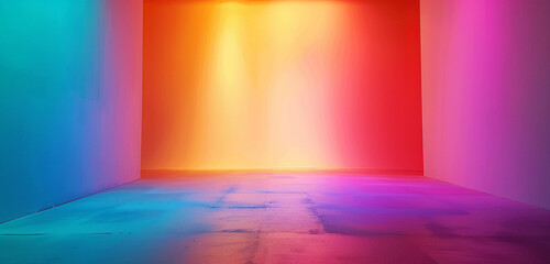 Photo studio room featuring a vibrant, colorful rainbow gradient backdrop.