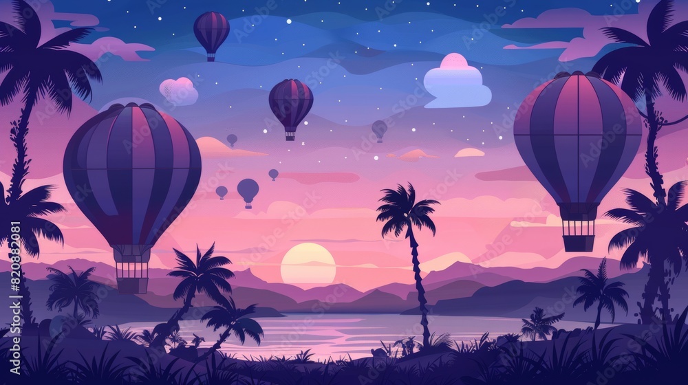 Poster the parallax background shows hot air balloons in the night sky over tropical islands with palm tree