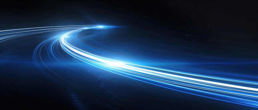 glowing shining simple smooth curve white blue light trail in arc shape motion speed on dark background