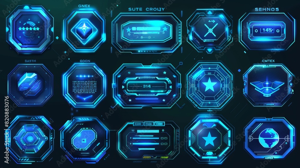 Poster modern game frames with best players list, rate and share banners. blue futuristic gui elements with