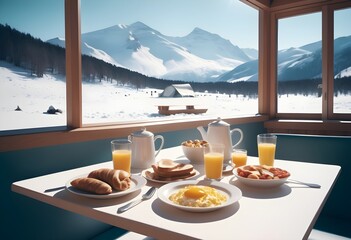 Romantic realistic breakfast in the open snow also snowy mountain view with food and camping in nature, hotel without people
