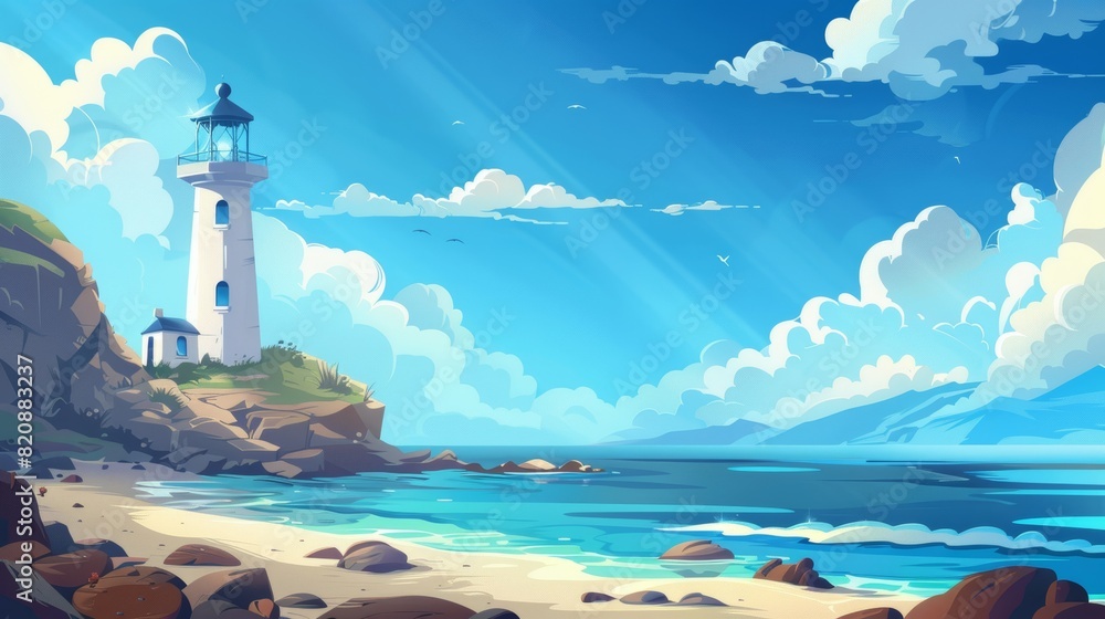 Poster the building of a lighthouse on the seashore has a parallax background. the building at the ocean la