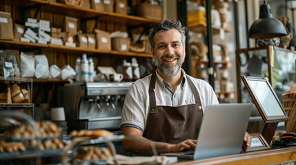 Small business owner managing am online store working on laptop, e commerce business concept, digital marketing 