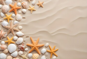  Starfish and seashells on a sandy beach background