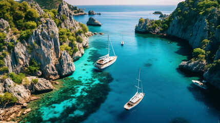  Top view of luxury yachts sailboats lagoon clear water - Powered by Adobe