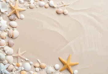  Starfish and seashells on a sandy beach background