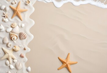 Fototapeta na wymiar Starfish and seashells on a sandy beach background