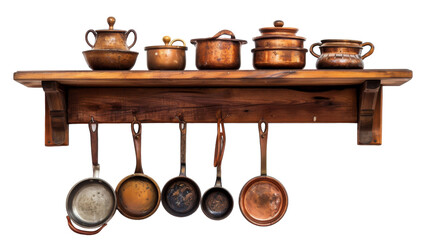 Rustic Kitchen Ensemble: Hanging Pots and Pans on Wooden Shelf
