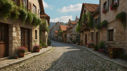 Obraz premium A picturesque computer-generated village street with stone houses, cobblestones, and greenery