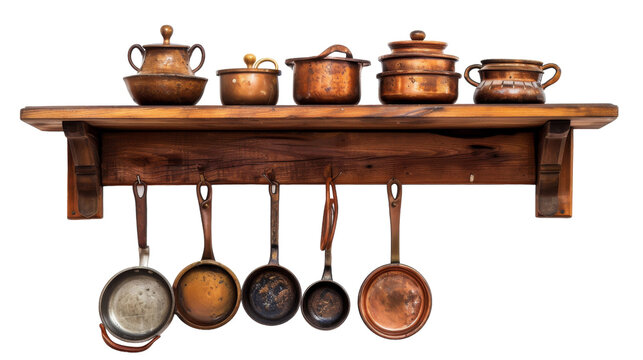 Rustic Kitchen Ensemble: Hanging Pots and Pans on Wooden Shelf