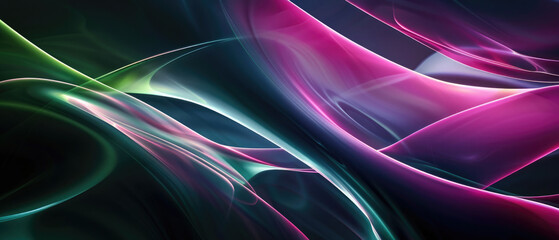 Abstract intersecting glowing light arcs lines with swirling pastel background silky smooth vivid tones delicate green and pink purple colors on dark background created with Generative AI Technology
