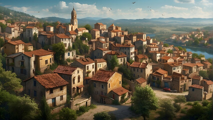 Fototapeta premium A warm, digitally-rendered village landscape bathed in sunlight with rustic houses and a river
