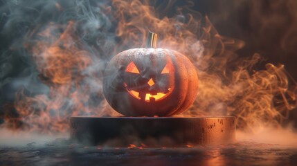 empty podium with FIRE background. smokey and fire. halloween pumpkin