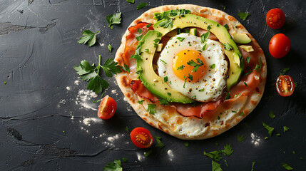 Tasty flatbread with egg and avocado on dark background