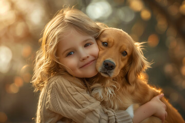 A girl hugging their pet dog tightly with a radiant smile, kids wallpaper