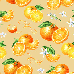 Fresh sweet Orange fruit seamless pattern. Hand drawn watercolor illustration