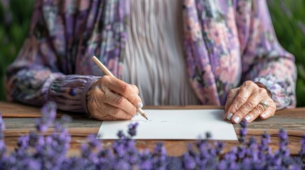 In the sunny morning, an elderly lady arranges a lace tablecloth beneath a floral background for a blank wedding card