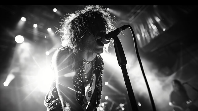 A monochrome black and white shot of a male rock performer singing intensely on stage with a blurred drummer in the background, showcasing the energy of live music