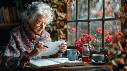 Elderly woman composing a blank wedding card against a floral background, with a lace tablecloth on a sunny morning