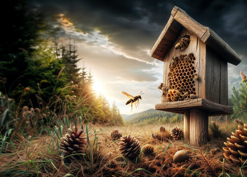 Wooden insect hotel in field under gloomy cloudy sky with wasps flying and crawling into the house. Insect Day