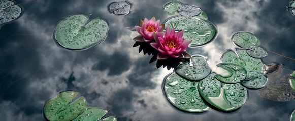 Water lily flower in shades of pink with green leaves in a pond of water, with clouds and sun reflected in the water.