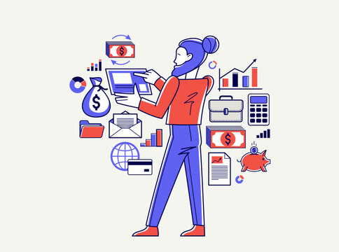 woman using tablet finance, red blue style clip art preview