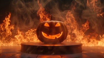 empty podium with FIRE background. smokey and fire. halloween pumpkin