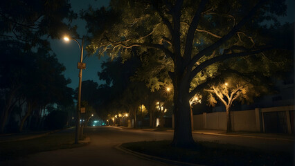 Mystical night time street scene illuminated by streetlights with trees casting shadows on the road
