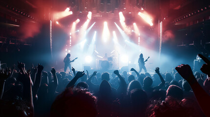 A large audience at a live music concert is captured with hands raised, under dramatic stage lighting with a silhouette of a performer in the background