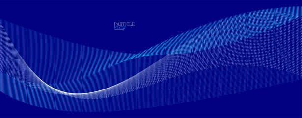 Blue dots in motion dark vector abstract background, particles array wavy flow, curve lines of points in movement, technology and science illustration.