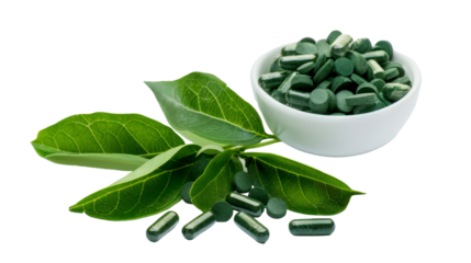 Emerald Elixir: Green Pills Beside Vibrant Leaf