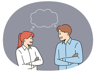 Smiling man and woman with speech bubble above heads communicate share thoughts. Happy people talk discuss ideas brainstorm together. Communication. Vector illustration.