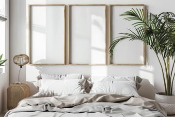 A blank picture frame mock-up in a modern furnished room. Beautiful simple AI generated image in 4K, unique.